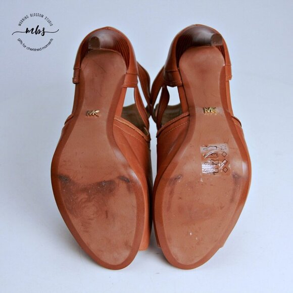 EUC Michael Kors Buckle Leather Blaze Open Toe Heeled Booties Tan Women Size 9 - Picture 12 of 13